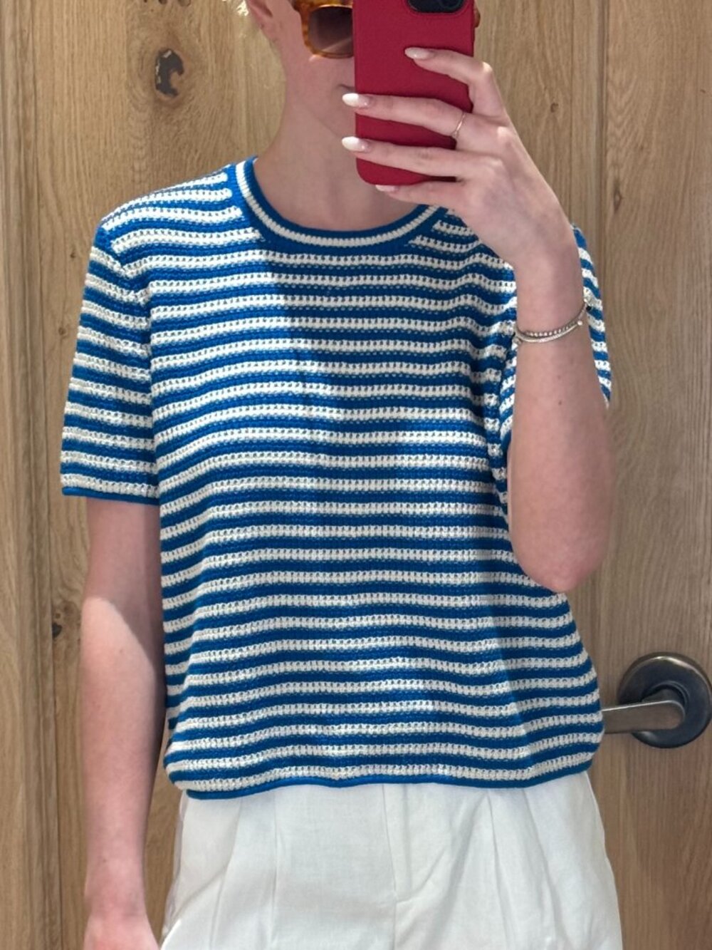 J.Crew Short-Sleeve Sweater in Stripe Blue Ivory Crochet Knit S